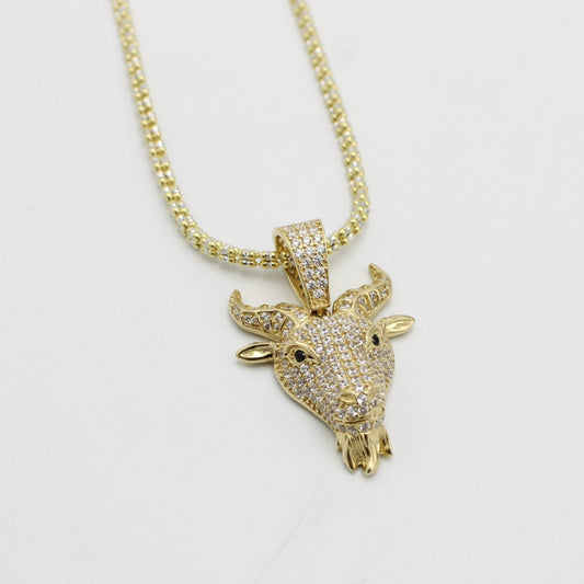 14K The Goat Pendant Cz Stones With Ice Chain Yellow Gold