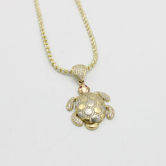 14K Sea Turtle  Pendant Cz Stones With Ice Chain Yellow Gold