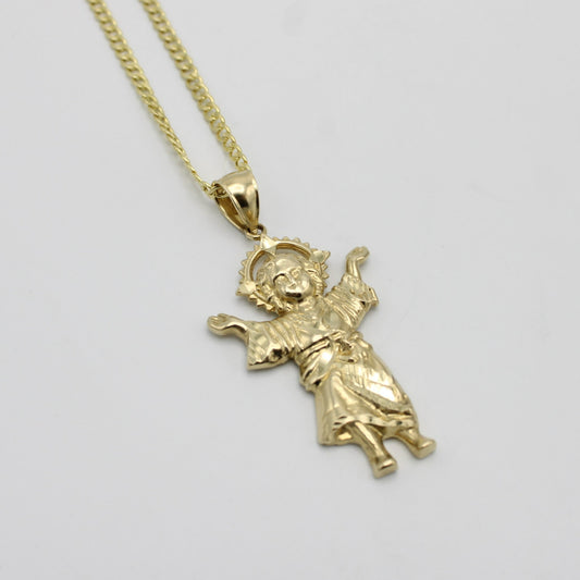 14k Divino Niño Pendant With Semi-Solid Flat Cuban Chain Yellow Gold