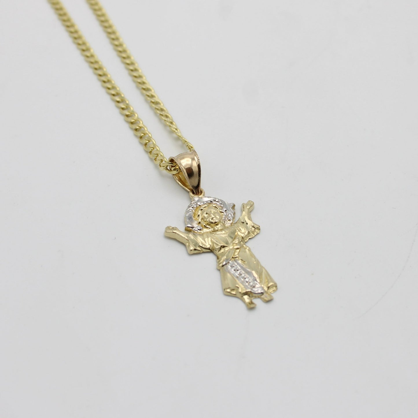 14k Divino Niño Pendant  Two Tones With Semi-Solid Flat Cuban Chain Yellow Gold