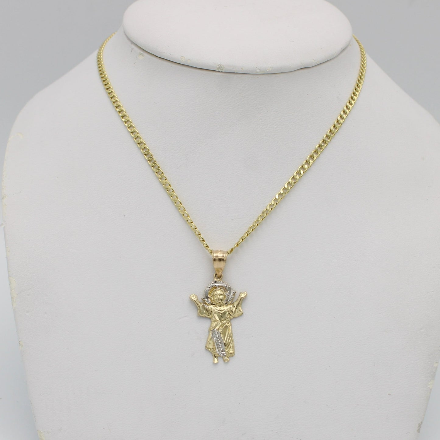 14k Divino Niño Pendant  Two Tones With Semi-Solid Flat Cuban Chain Yellow Gold