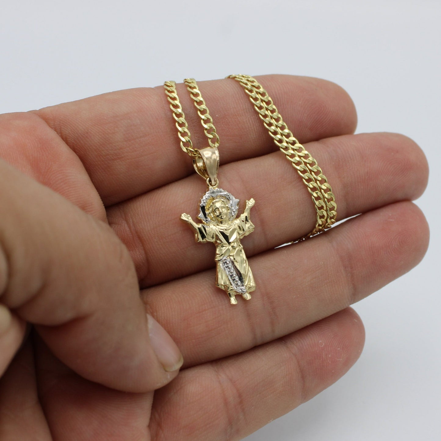 14k Divino Niño Pendant  Two Tones With Semi-Solid Flat Cuban Chain Yellow Gold