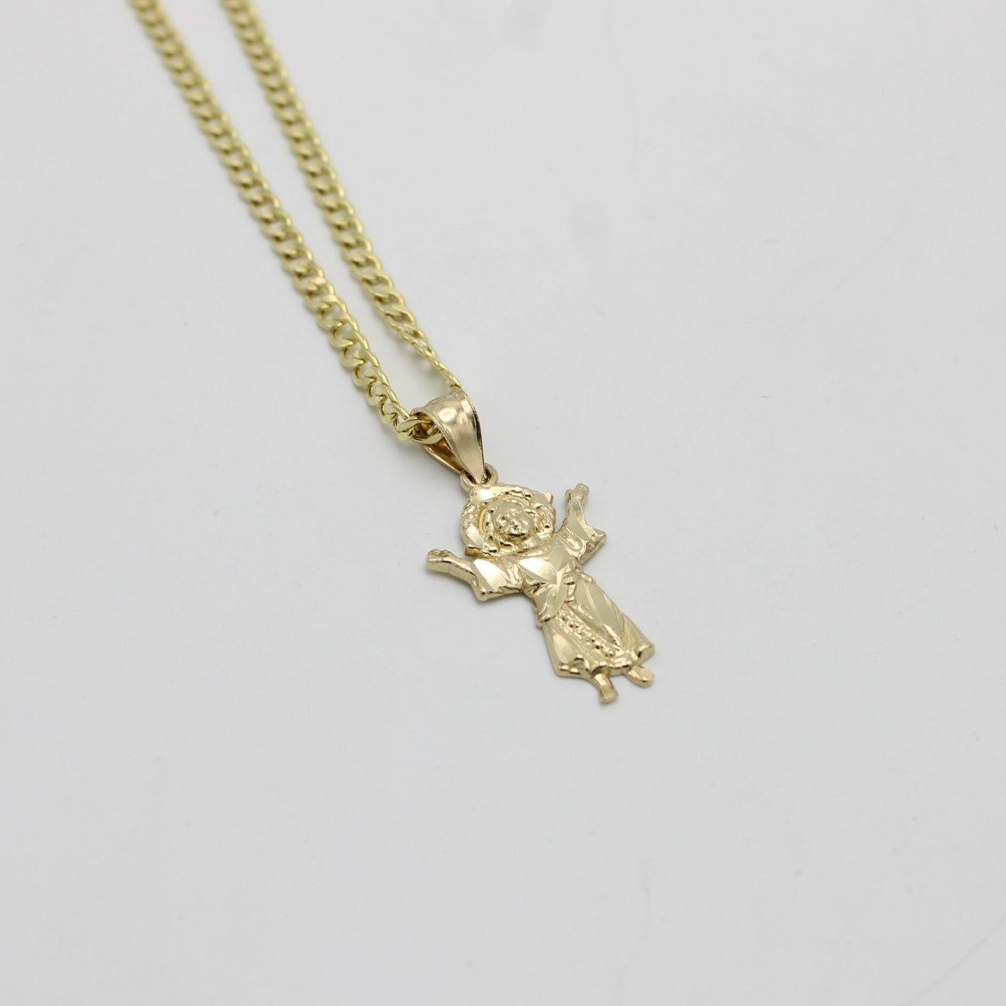 14k Divino Niño Pendant With Semi-Solid Flat Cuban Chain Yellow Gold