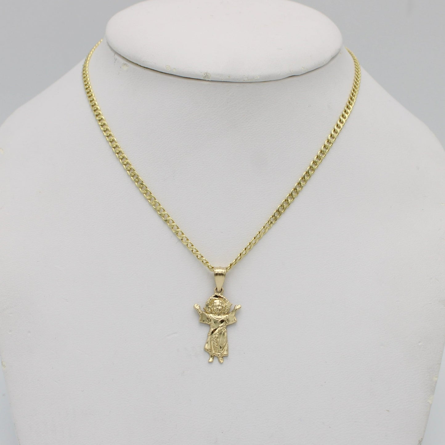 14k Divino Niño Pendant With Semi-Solid Flat Cuban Chain Yellow Gold