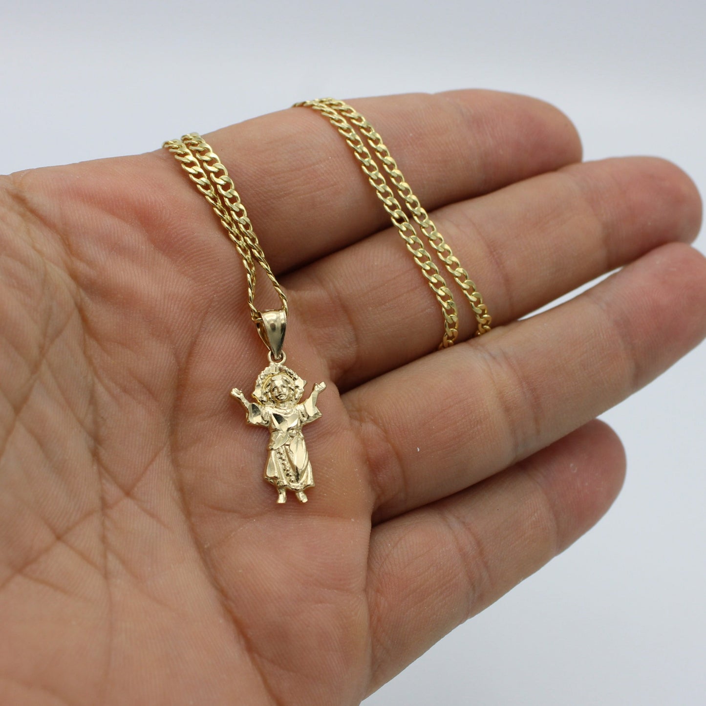 14k Divino Niño Pendant With Semi-Solid Flat Cuban Chain Yellow Gold