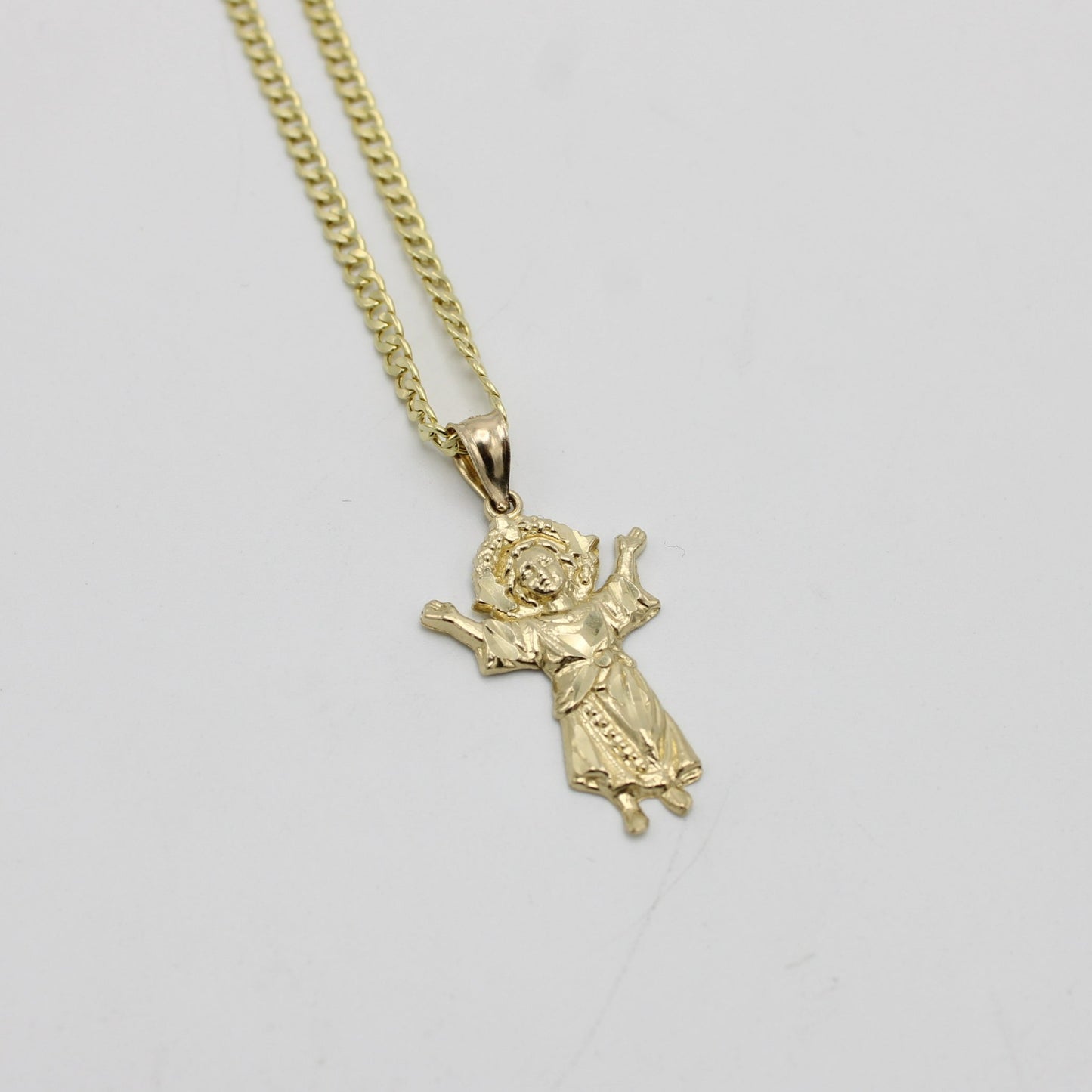 14k Divino Niño Pendant With Semi-Solid Flat Cuban Chain Yellow Gold