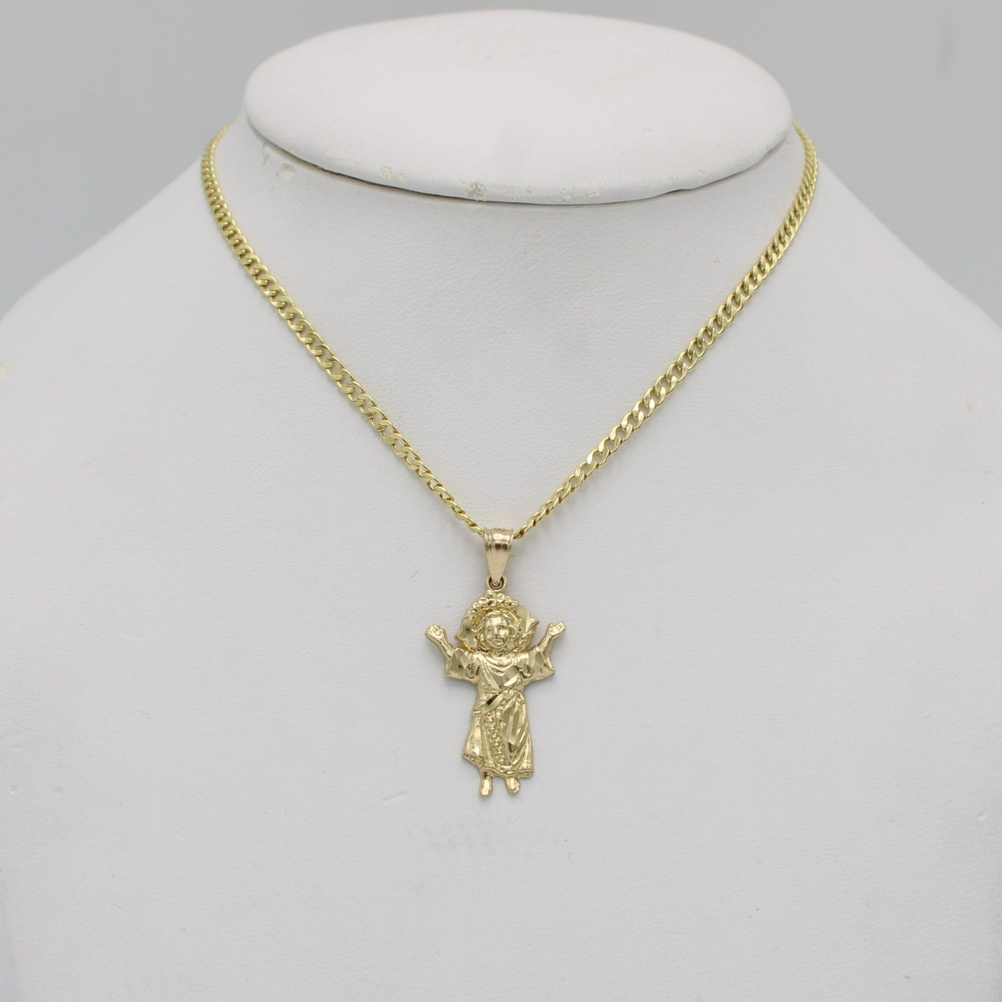 14k Divino Niño Pendant With Semi-Solid Flat Cuban Chain Yellow Gold