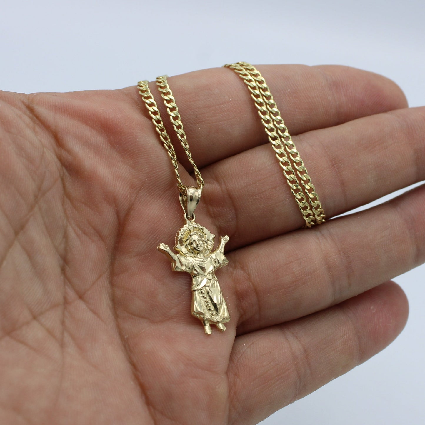 14k Divino Niño Pendant With Semi-Solid Flat Cuban Chain Yellow Gold