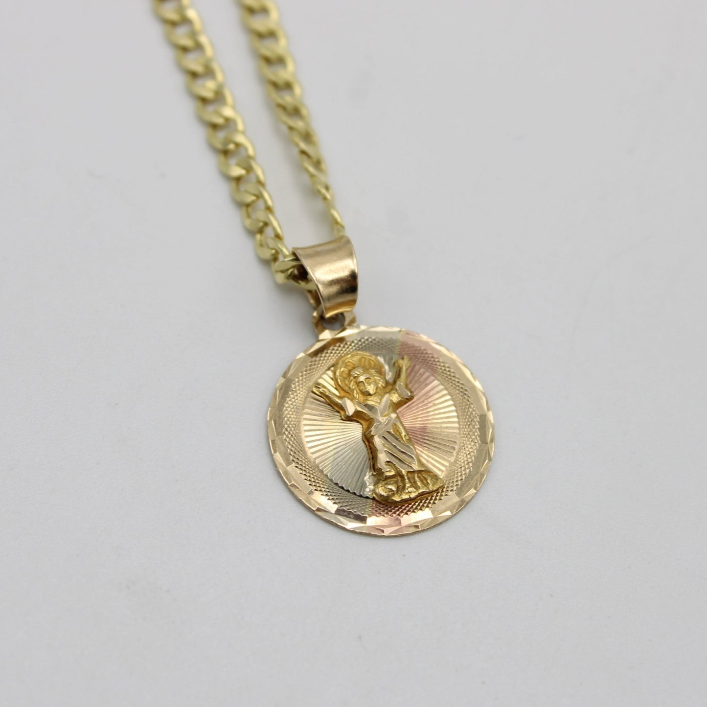 14k Round Divino Niño PendantThree Tones With Semi-Solid Flat Cuban Chain Yellow Gold