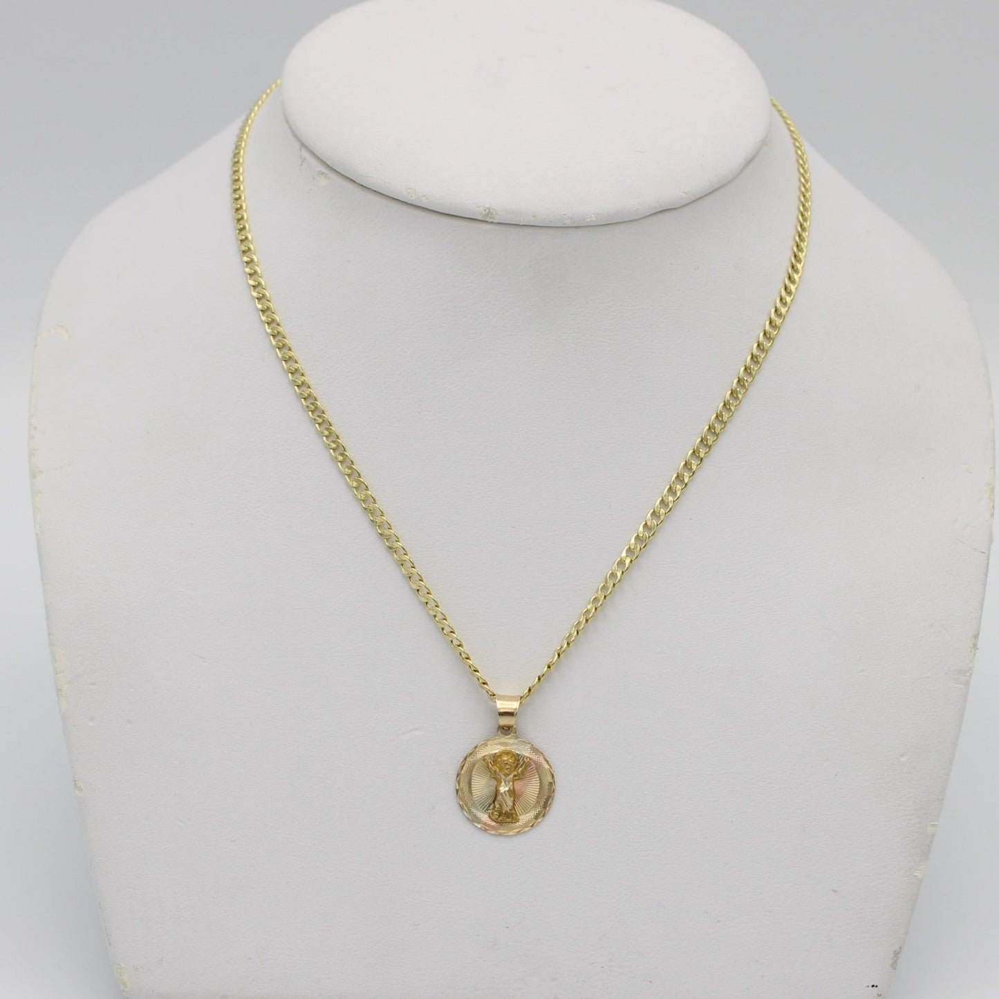 14k Round Divino Niño PendantThree Tones With Semi-Solid Flat Cuban Chain Yellow Gold