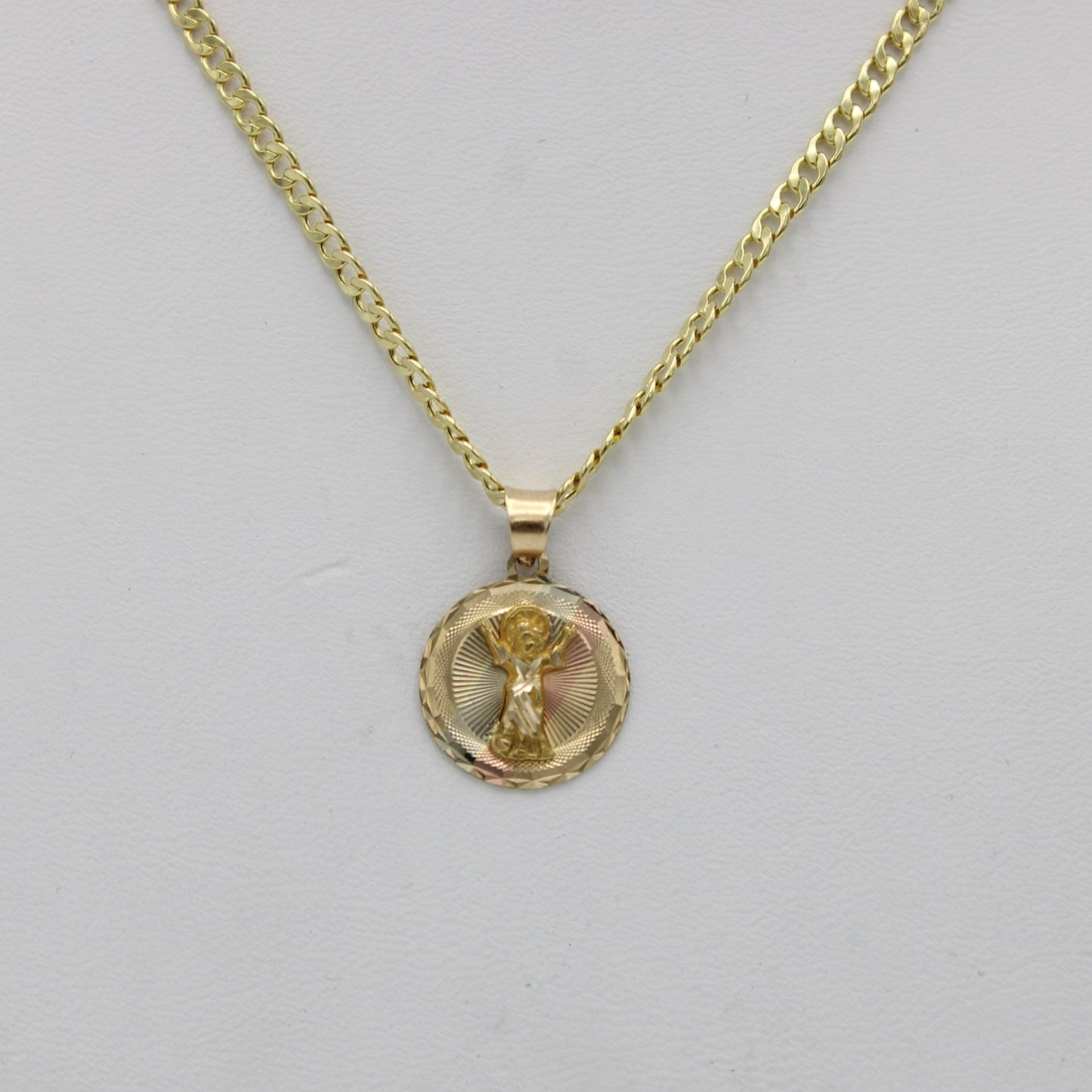 14k Round Divino Niño PendantThree Tones With Semi-Solid Flat Cuban Chain Yellow Gold