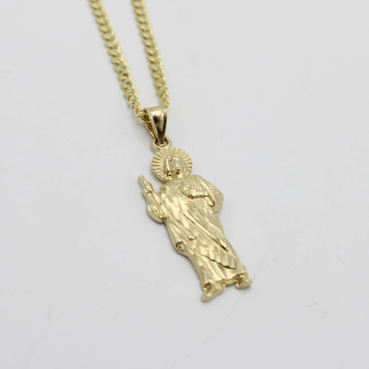 14K San Judas Pendant With Semi-Solid Flat Cuban Chain Yellow Gold