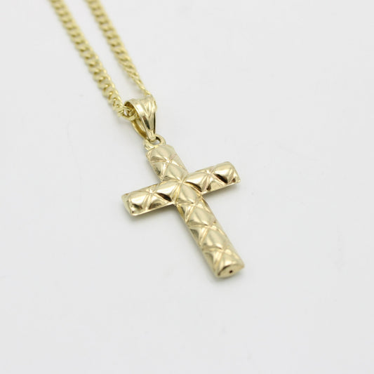 14K Cross Pendant With Semi-Solid Flat Cuban Chain Yellow Gold