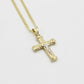 14K Cross Pendant Two Tones  With Semi-Solid Flat Cuban Chain Yellow Gold