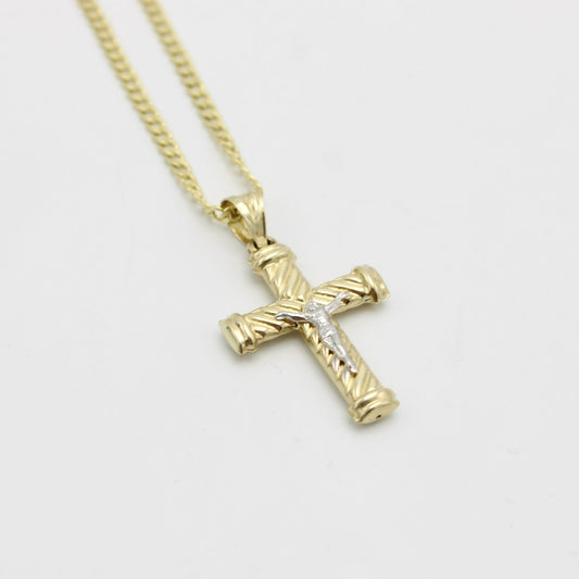 14K Cross Pendant Two Tones  With Semi-Solid Flat Cuban Chain Yellow Gold