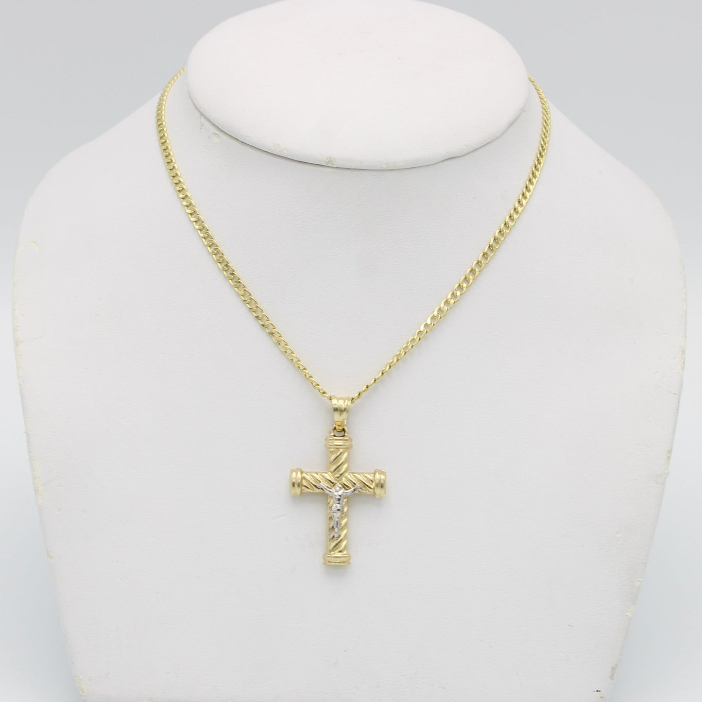14K Cross Pendant Two Tones  With Semi-Solid Flat Cuban Chain Yellow Gold