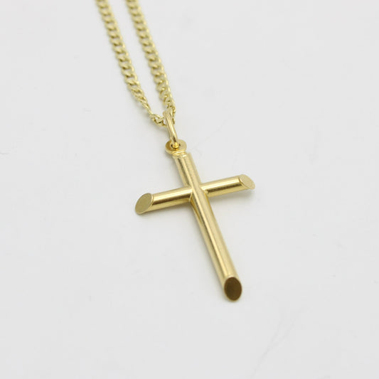 14K Cross Pendant With Semi-Solid Flat Cuban Chain Yellow Gold