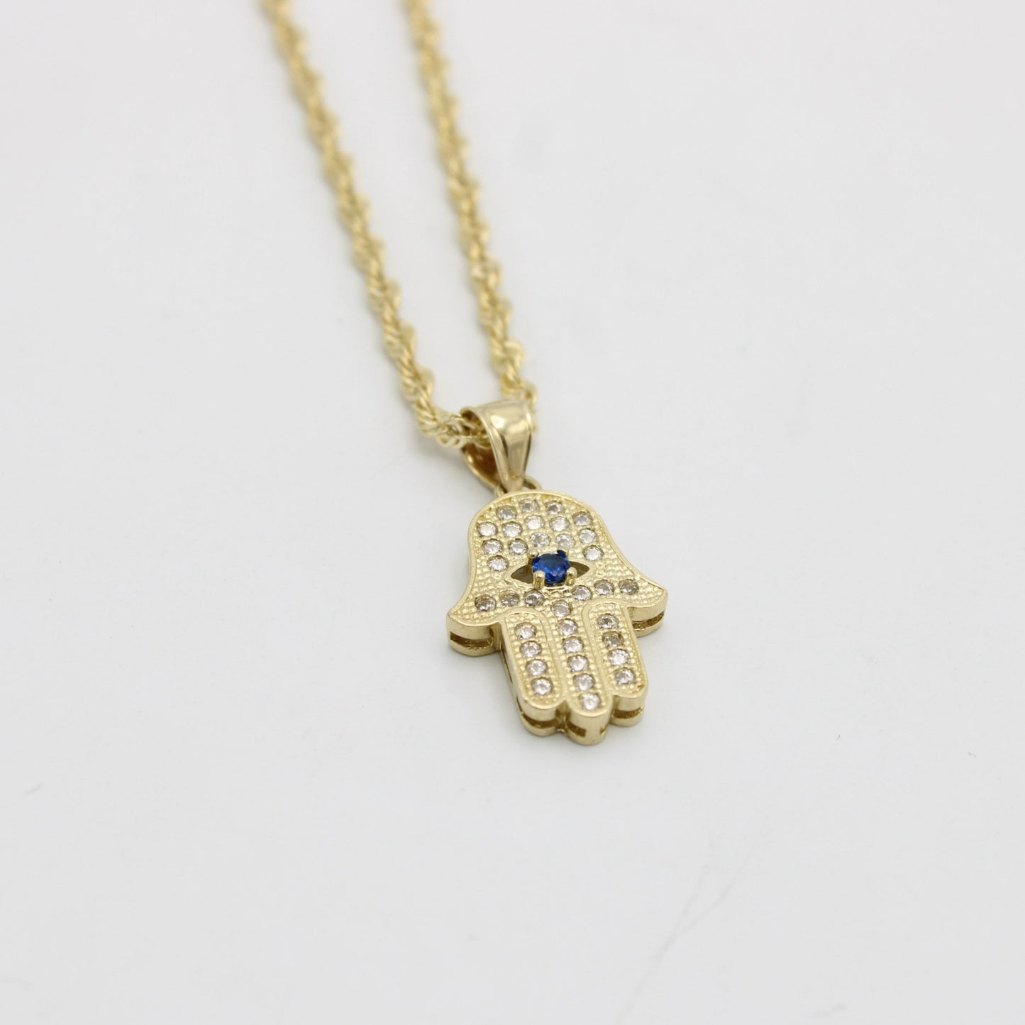 14K Hamsa Pendant Cz Stones With Rope Chain Yellow Gold