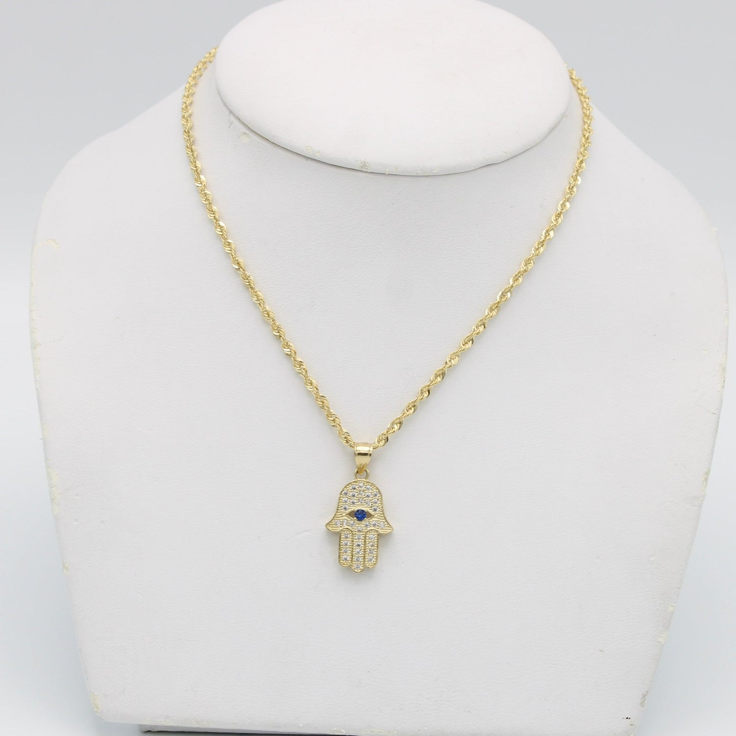 14K Hamsa Pendant Cz Stones With Rope Chain Yellow Gold