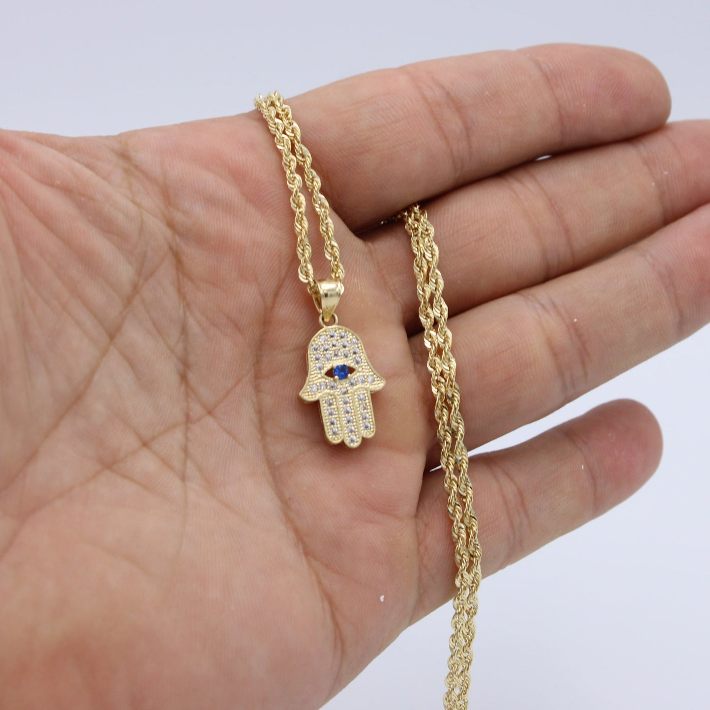 14K Hamsa Pendant Cz Stones With Rope Chain Yellow Gold