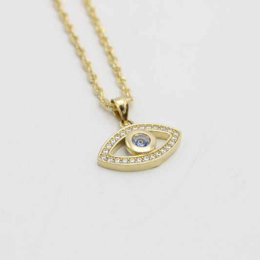 14K Turkey Eye Pendant Cz Stones With Rope Chain Yellow Gold