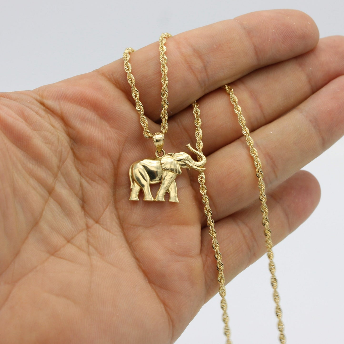 14K Elephan Pendant Cz Stones With Rope Chain Yellow Gold