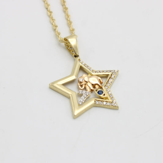 14K Lucky Star Pendant Cz Stones With Rope Chain Yellow Gold