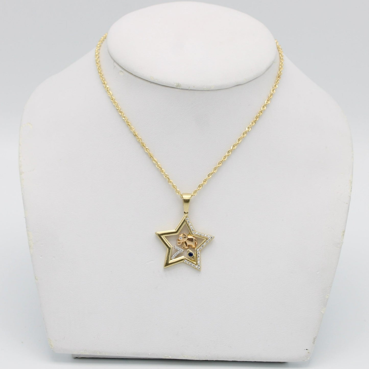 14K Lucky Star Pendant Cz Stones With Rope Chain Yellow Gold