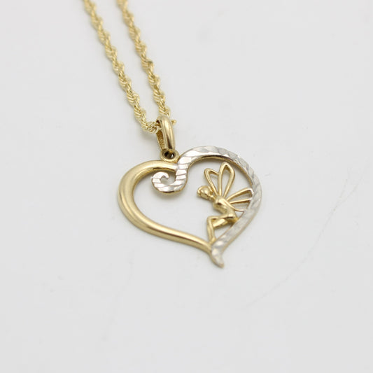 14K Heart Pendant Cz Stones With Rope Chain Yellow Gold