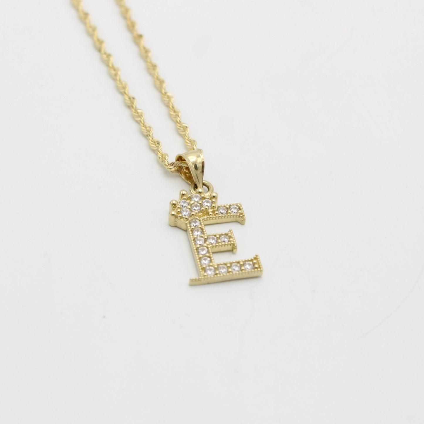 14K Initai E Pendant Cz Stones With Rope Chain Yellow Gold