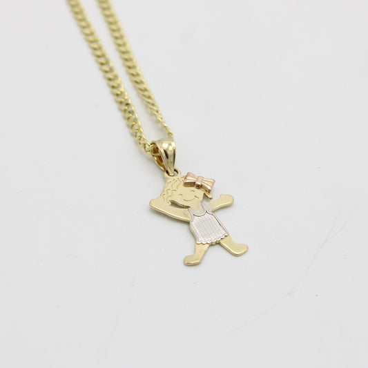 14K Girl Pendant Three Stones With Flat Cuban Chain Yellow Gold