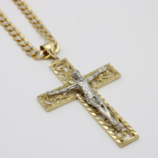 14K Jumbo Cross Pendant Two Tones  With Semi-Solid Flat Cuban ChainTwo Tones Yellow Gold