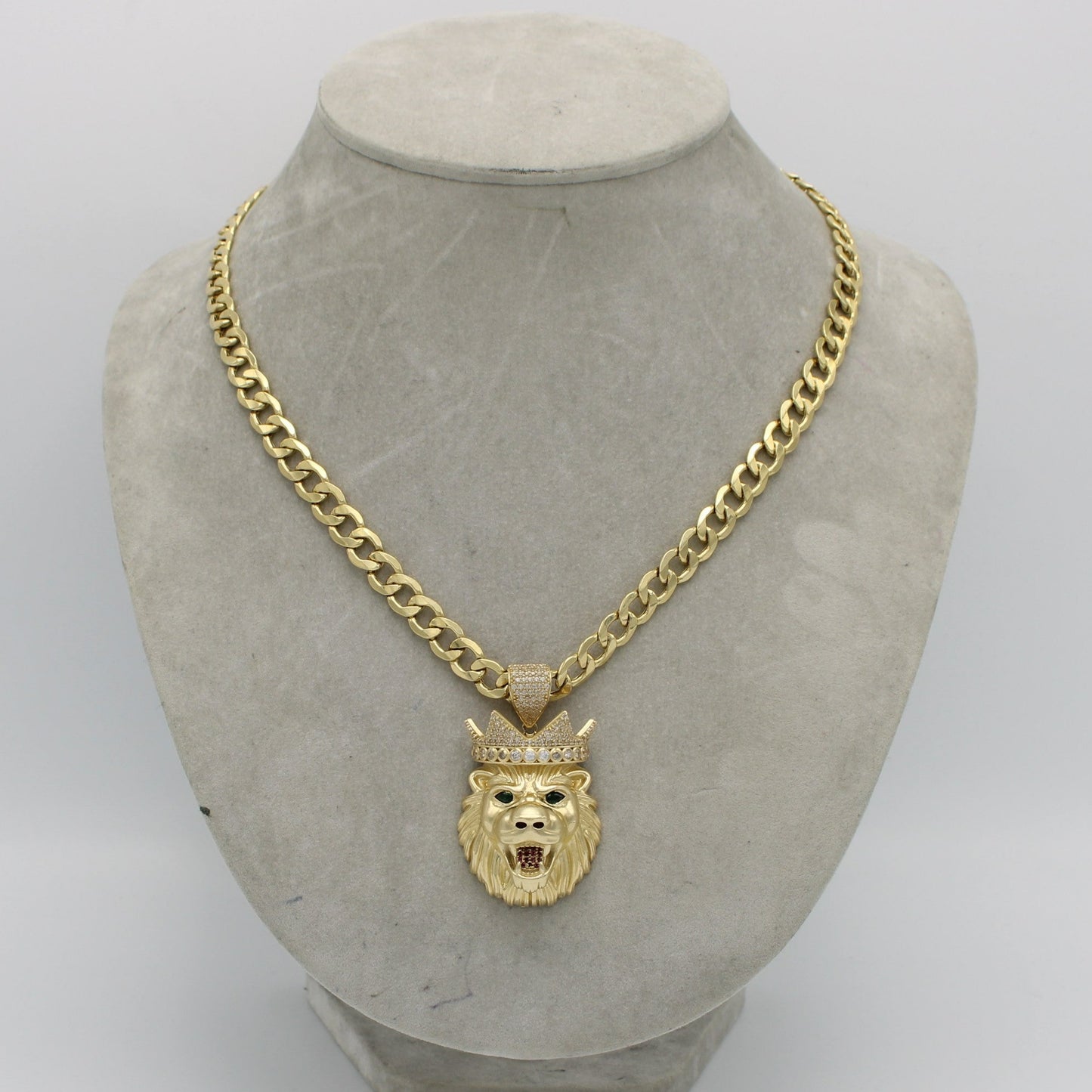 14K Lion King Cz Stones With Semi-Solid Flat Cuban Chain Yellow Gold