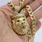 14K Lion King Cz Stones With Semi-Solid Flat Cuban Chain Yellow Gold