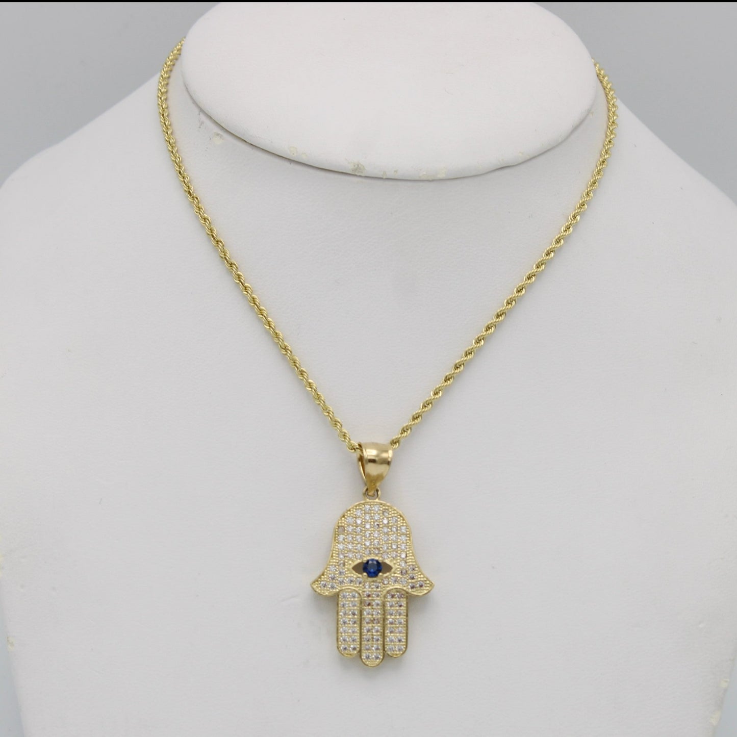 14K Hamsa Pendant Cz Stones With Rope Chain Yellow Gold