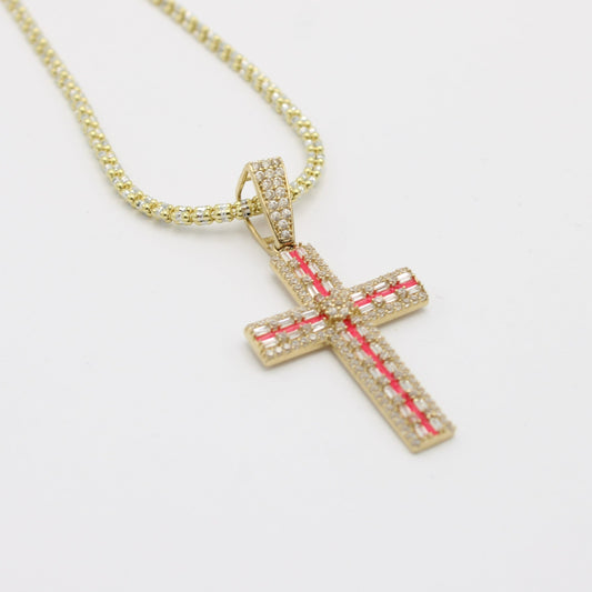 14K Cross Pendant Cz Stones With Ice Chain Yellow Gold