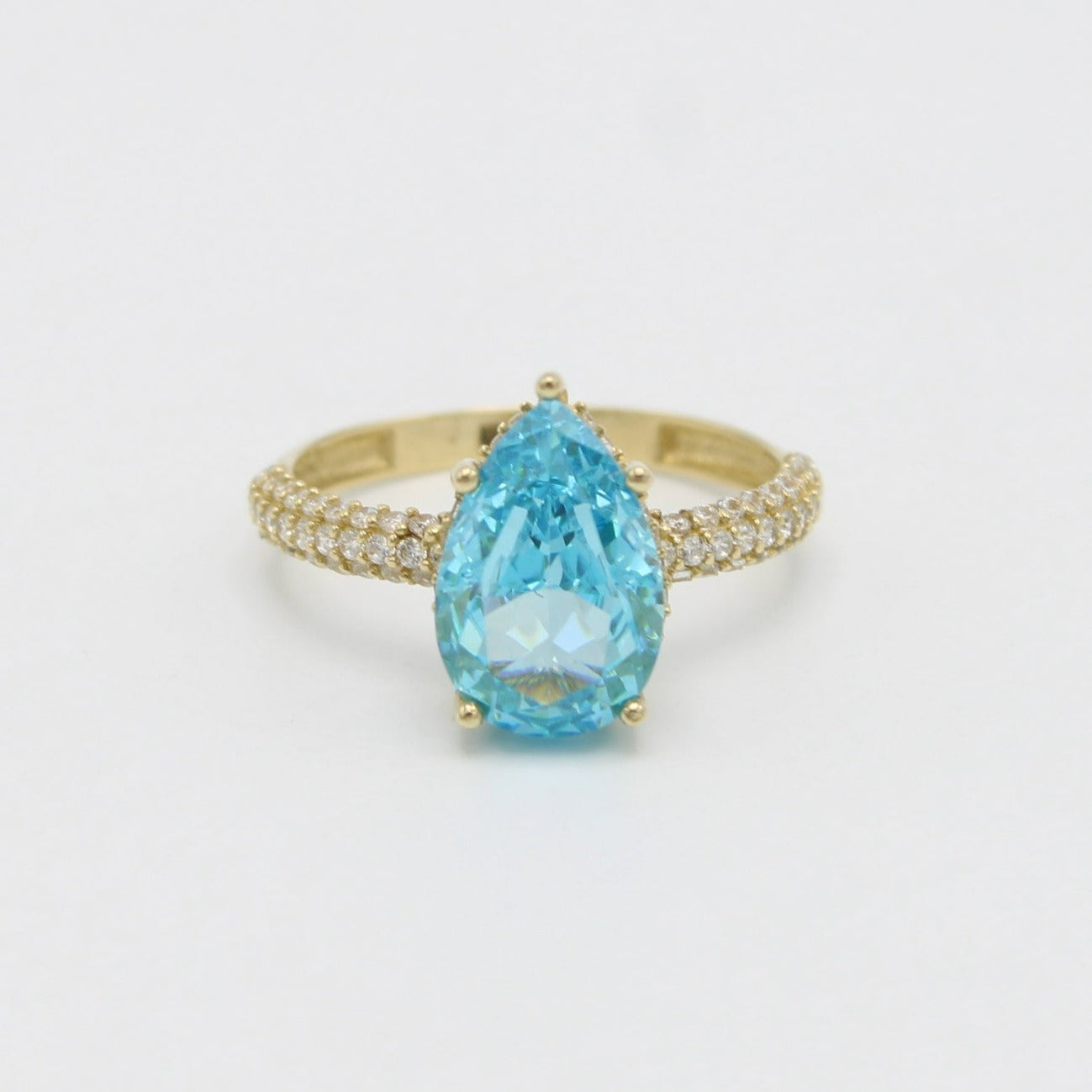 14K Tear Ring Blue Gem Cz Stone Yellow Gold