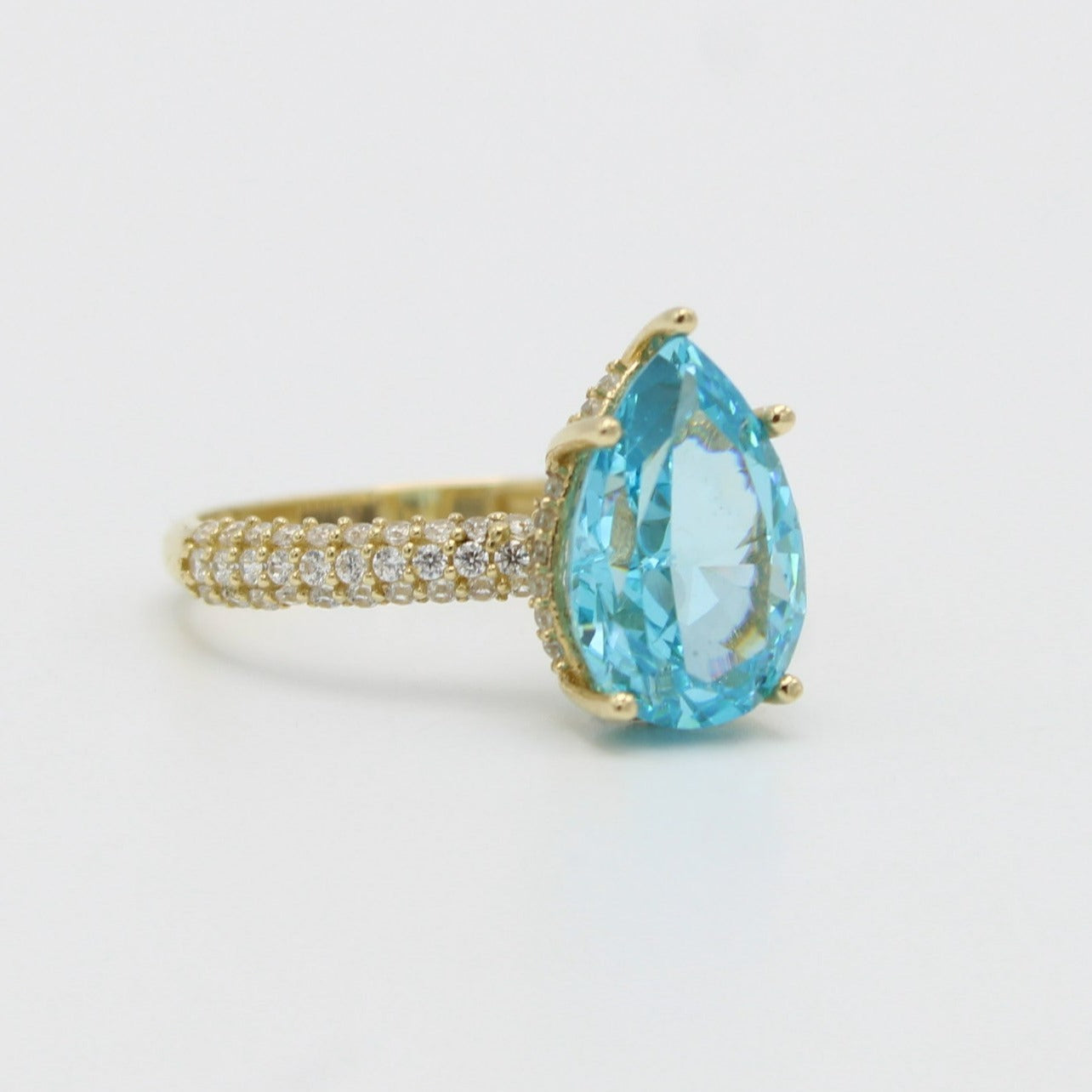 14K Tear Ring Blue Gem Cz Stone Yellow Gold