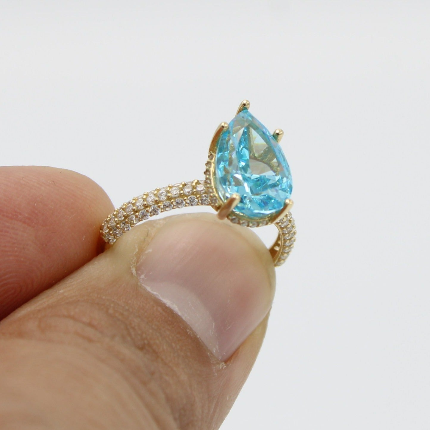 14K Tear Ring Blue Gem Cz Stone Yellow Gold