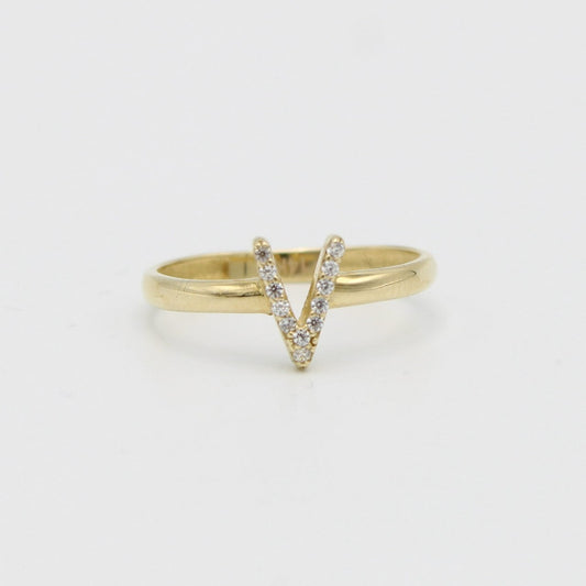 14K Initial Name ( V ) Ring Cz Stones Yellow Gold