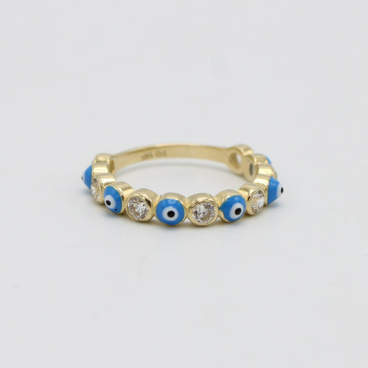 14K  Sky Blue Evil Eye Ring Cz Stones  Yellow Gold