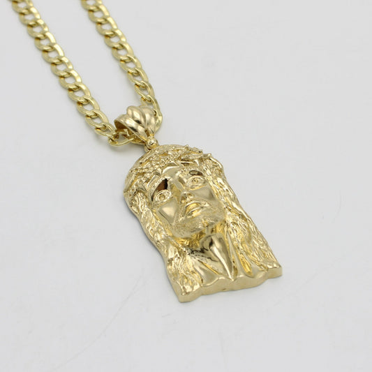 14K Jesus Face Pendant With Semi-Solid Flat Cuban Chain Yellow Gold