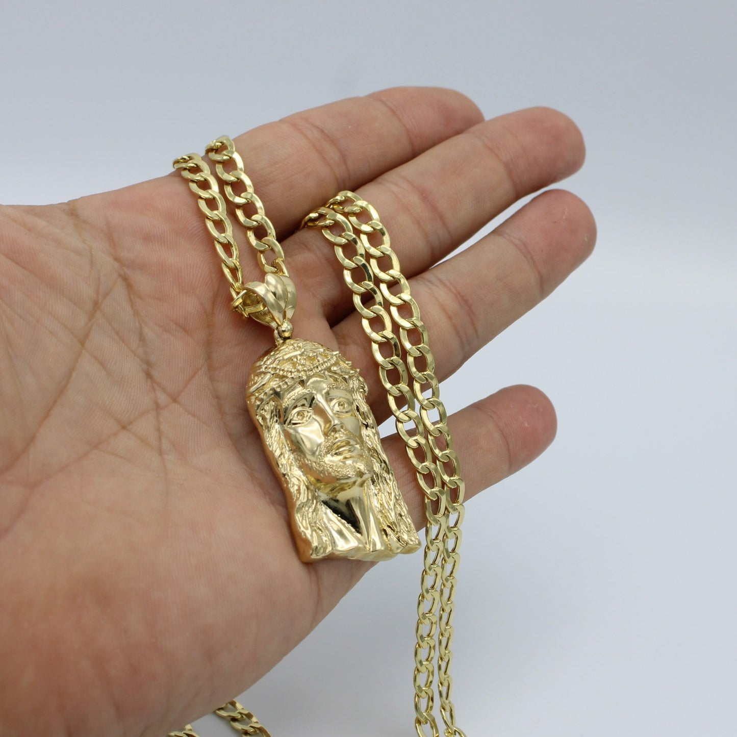 14K Jesus Face Pendant With Semi-Solid Flat Cuban Chain Yellow Gold