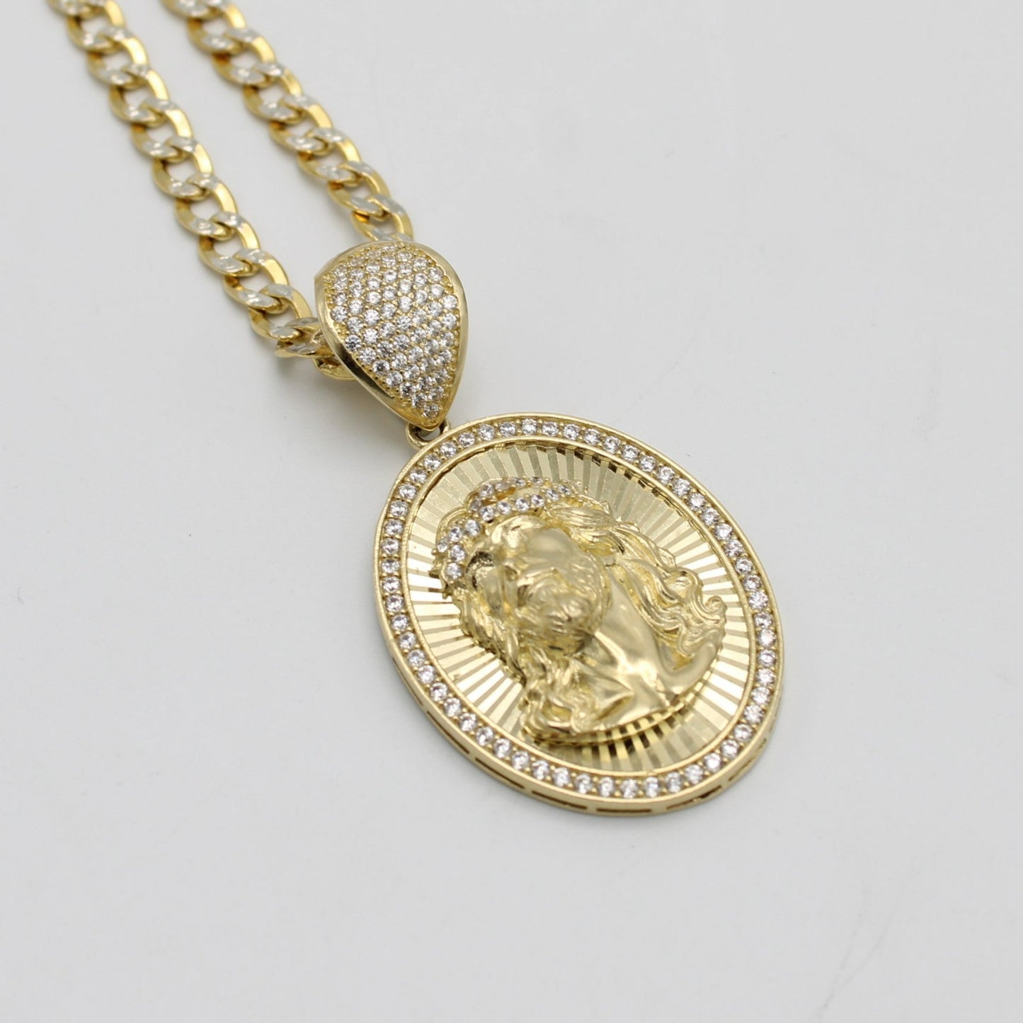 14K Jesus Face Pendant Cz Stones With Semi-Solid Flat Cuban Chain Two Tones Yellow Gold