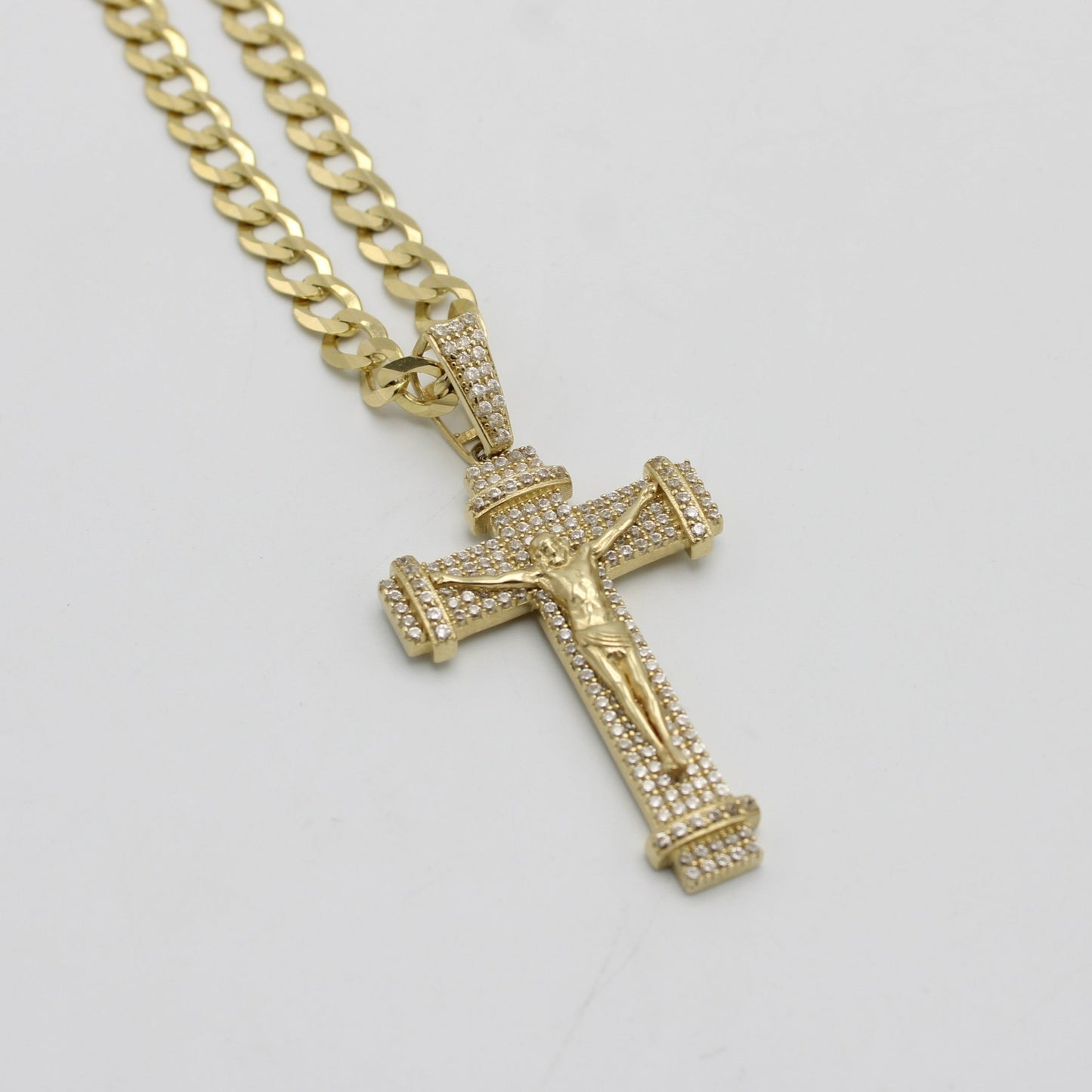 14K Cross Pendant Cz Stones With Solid Flat Cuban Chain Yellow Gold