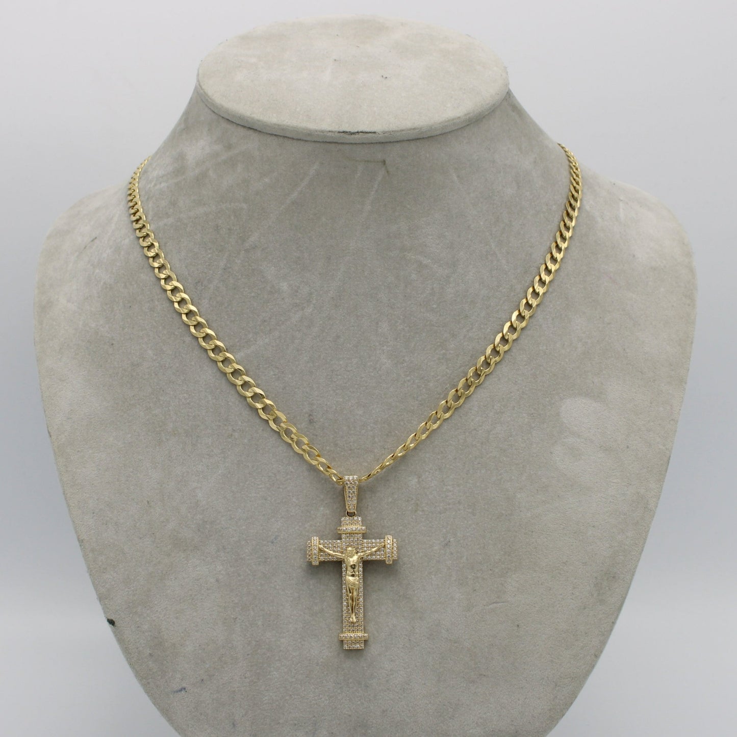 14K Cross Pendant Cz Stones With Solid Flat Cuban Chain Yellow Gold