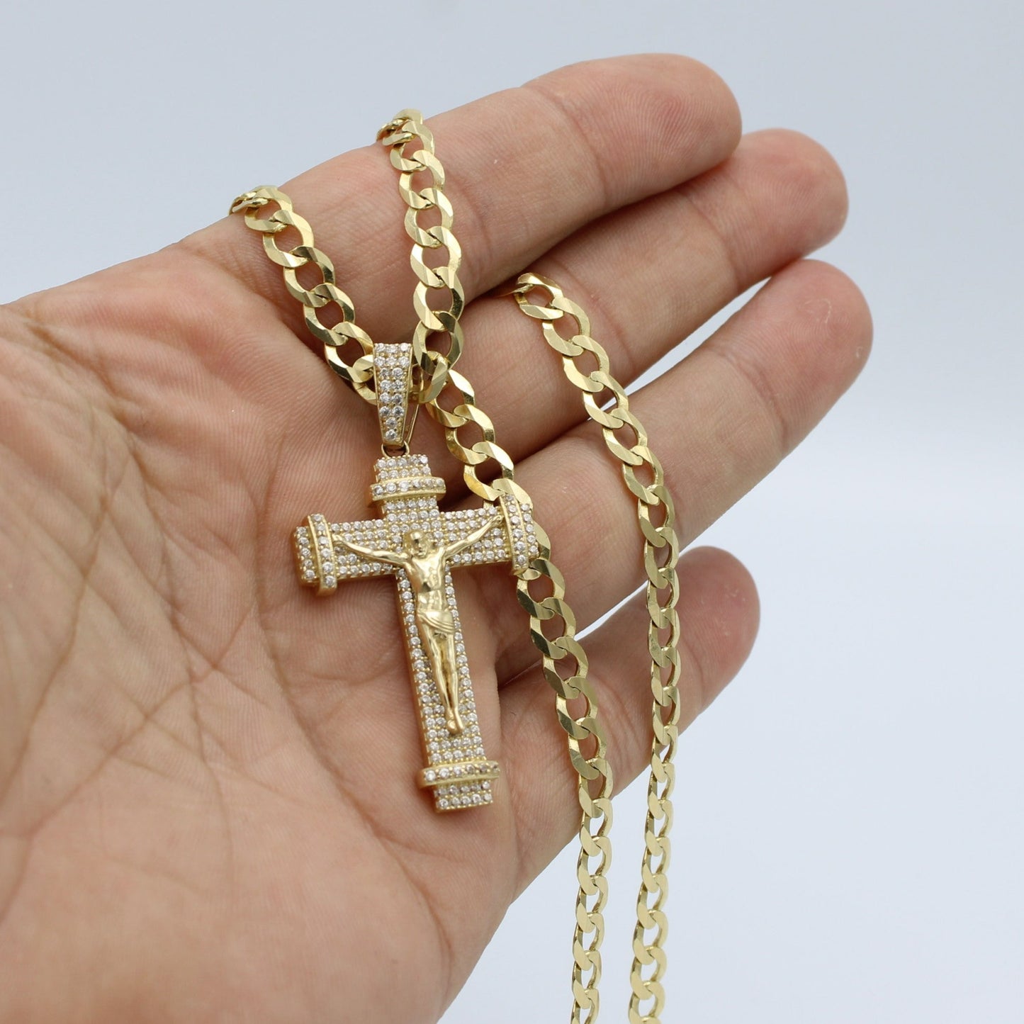 14K Cross Pendant Cz Stones With Solid Flat Cuban Chain Yellow Gold