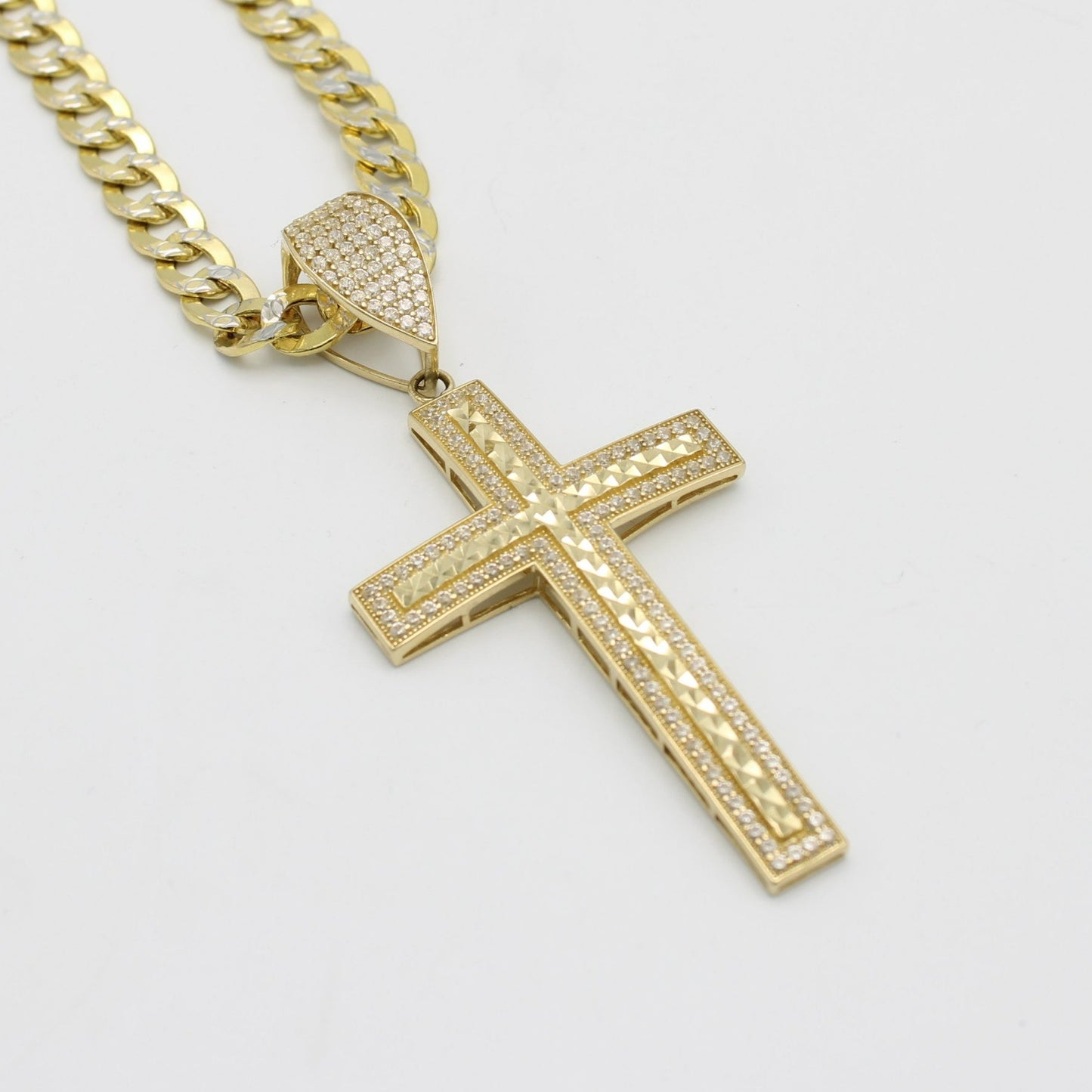 14K Cross Pendant Cz Stones With Semi-Solid Flat Cuban Chain Two Tones Yellow Gold