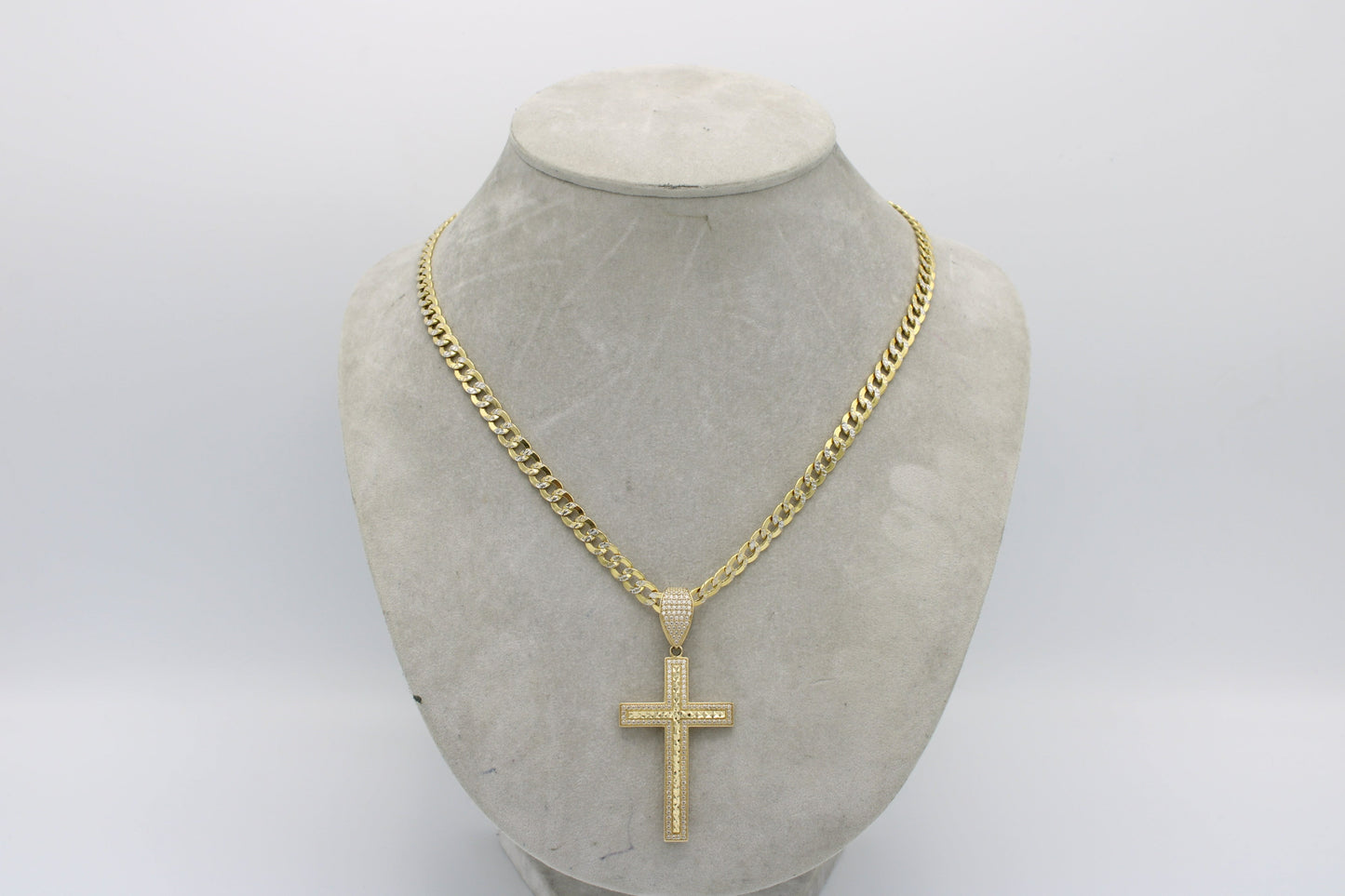 14K Cross Pendant Cz Stones With Semi-Solid Flat Cuban Chain Two Tones Yellow Gold