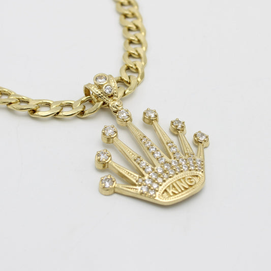 14K Crown Pendant Cz Stones With Semi-Solid Flat Cuban Chain Yellow Gold